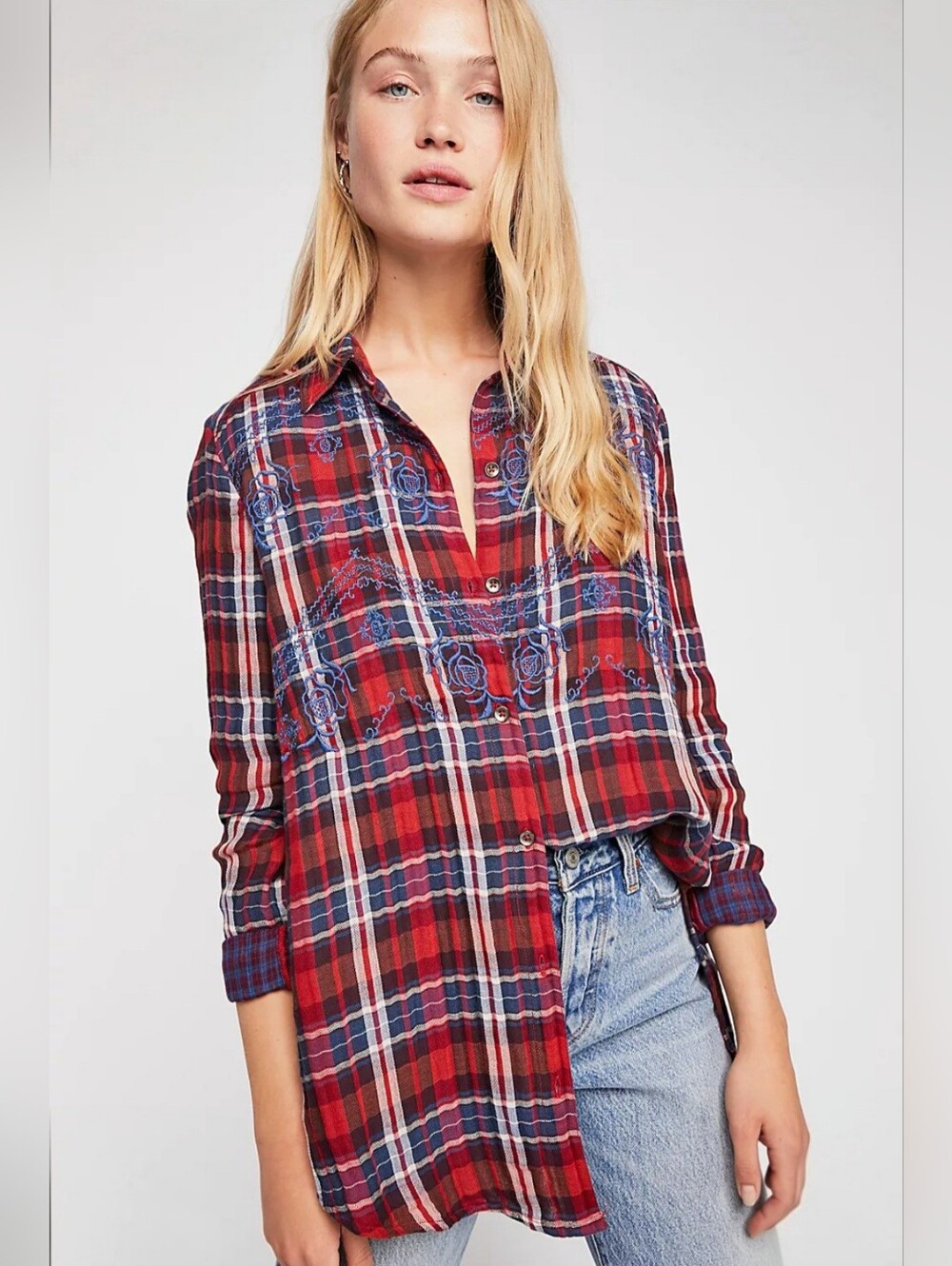 Free People Magical Plaid Button-down Top Red/ Blue Floral Embroidered Size M